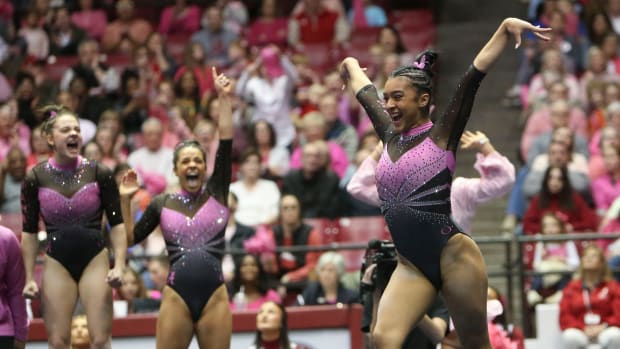 Alabama gymnast Luisa Blanco competes on the floor at Coleman Coliseum. Alabama edged Auburn 197.850 to 197.700. Ncaa Gymnastics Power Of Pink Meet Alabama Vs Auburn